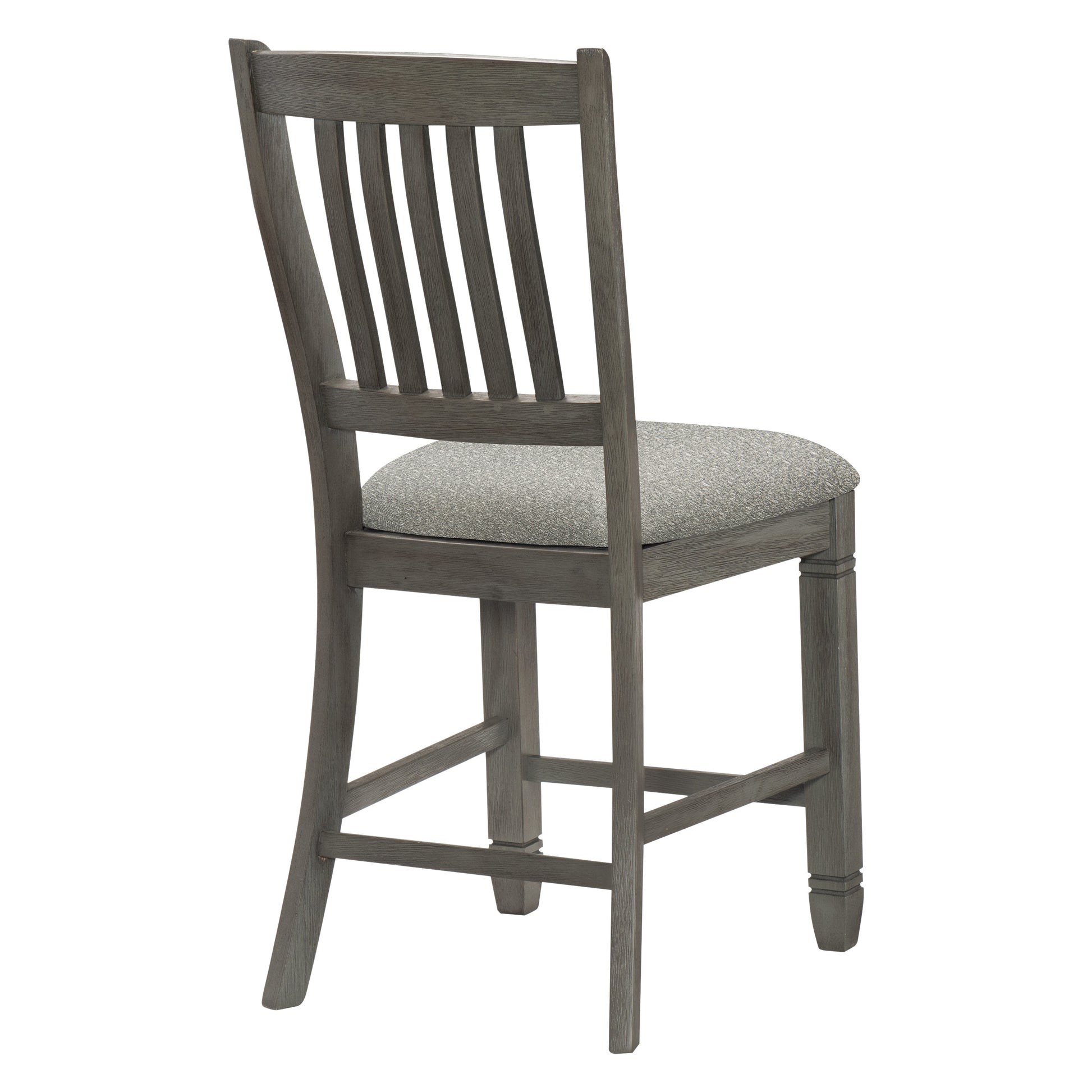 Gray wooden counter stool with slatted back and upholstered seat