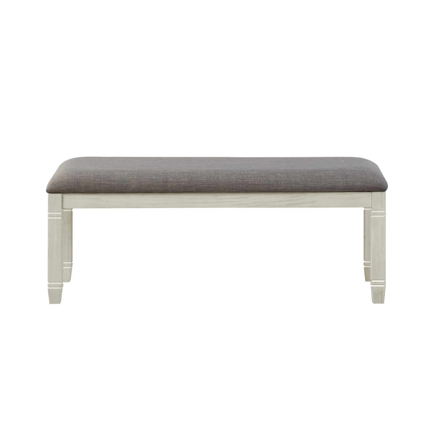 Grey upholstered bench with light distressed wood legs