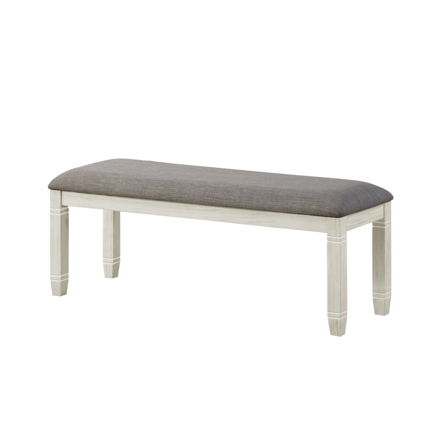 Gray upholstered bench with distressed white wooden legs