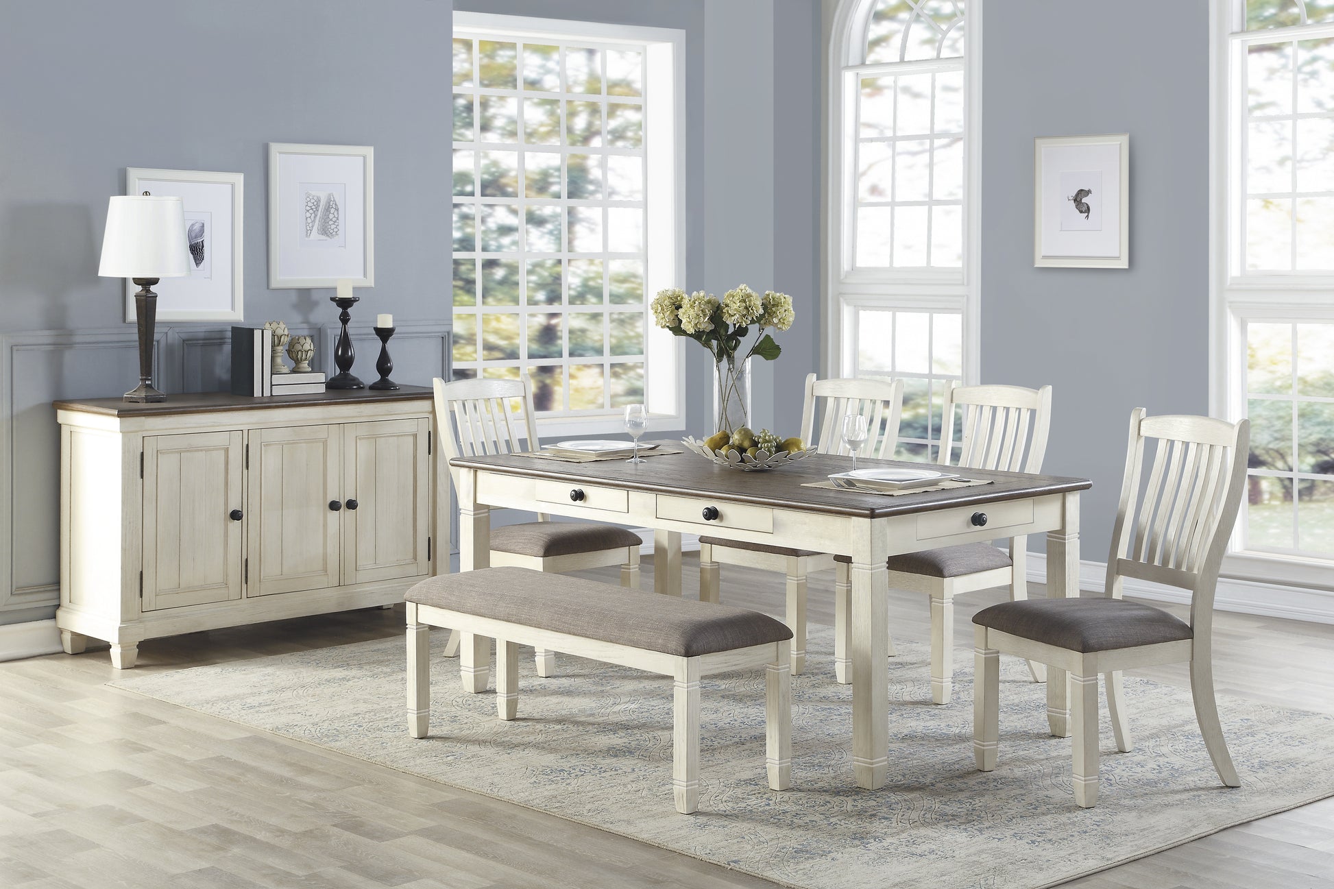 Vintage farmhouse dining table and chairs set with wood finish