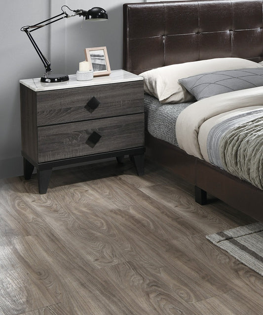Modern gray wood nightstand with white marble top and brass diamond pulls