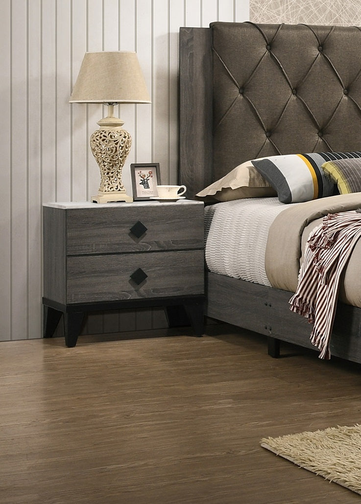 Gray wood nightstand with diamond pulls and marble top