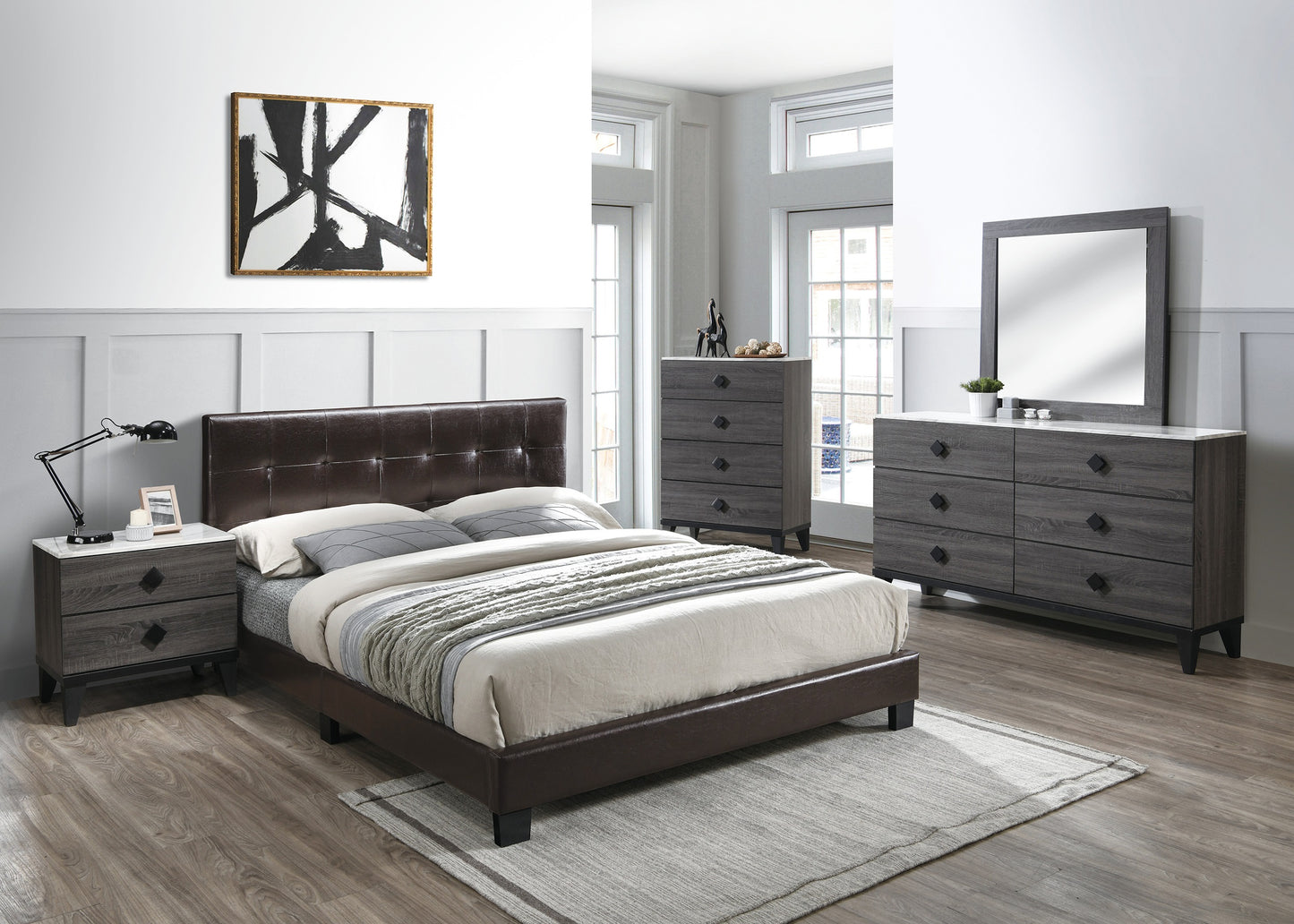 Tufted brown faux leather king bed frame with modern grey wood nightstand