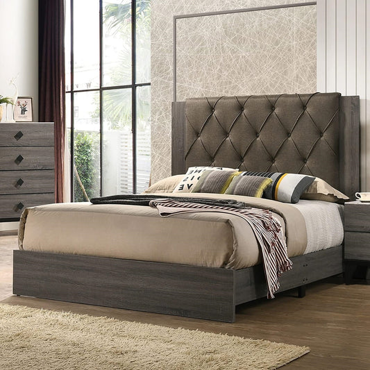 TREATLIFE HOME Contemporary Tufted Design Headboard Bed Frame, Rubberwood Construction, Stylish Gray Color, Size Bed for Bedroom