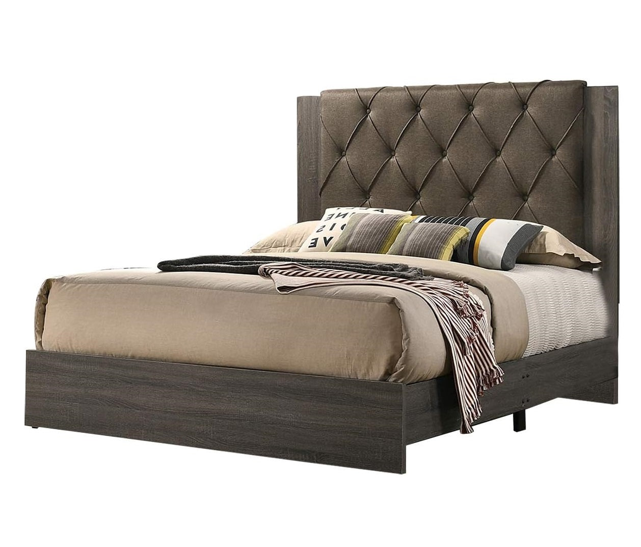 Tufted upholstered charcoal grey headboard with dark wood bed frame and beige bedding