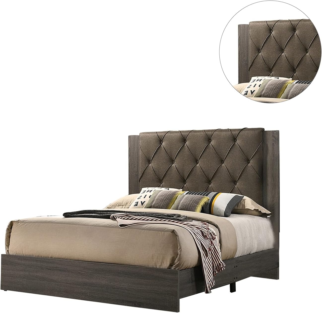 Modern dark wood bed frame with charcoal tufted headboard