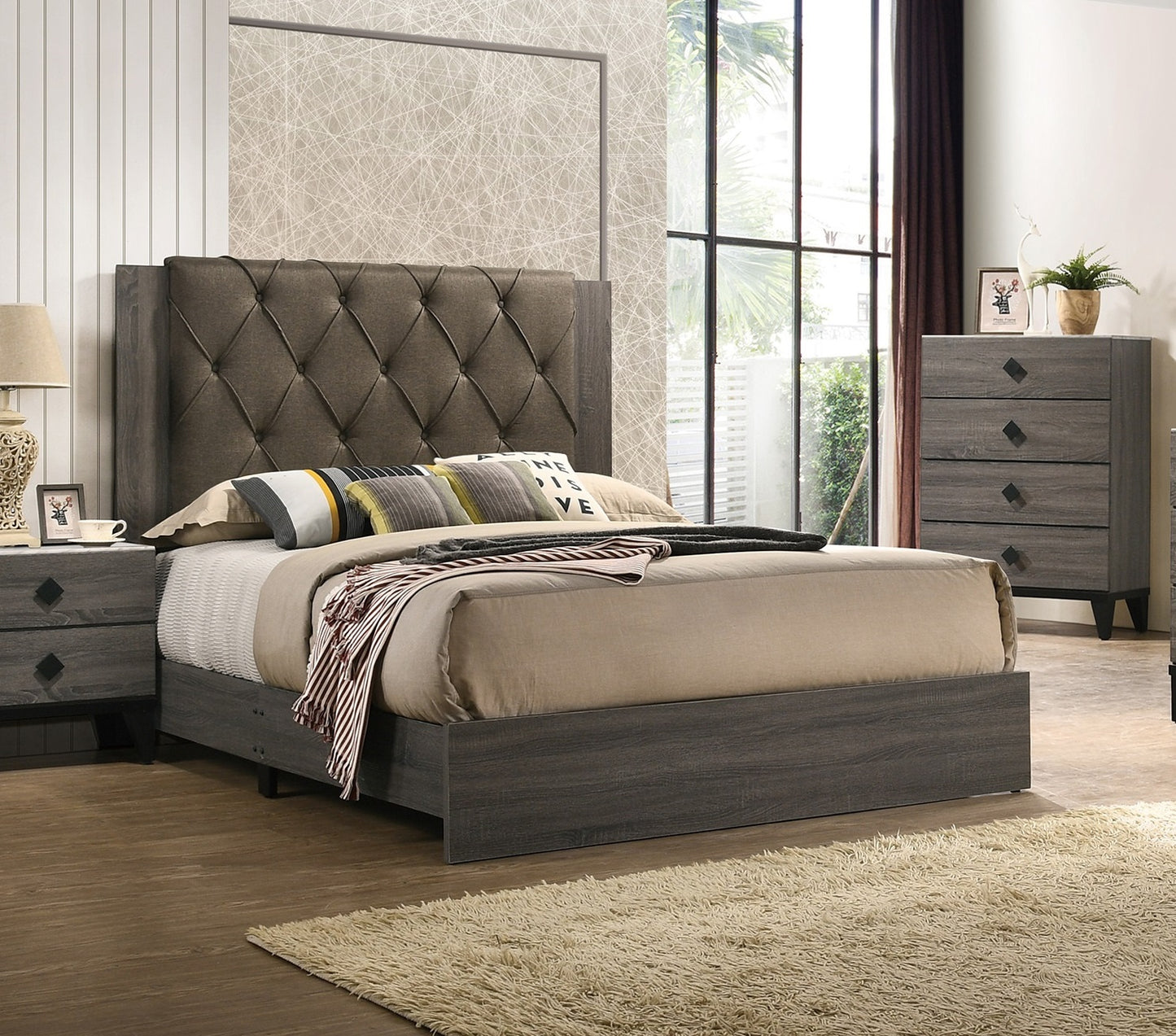 Tufted upholstered headboard bed frame in dark gray wood finish
