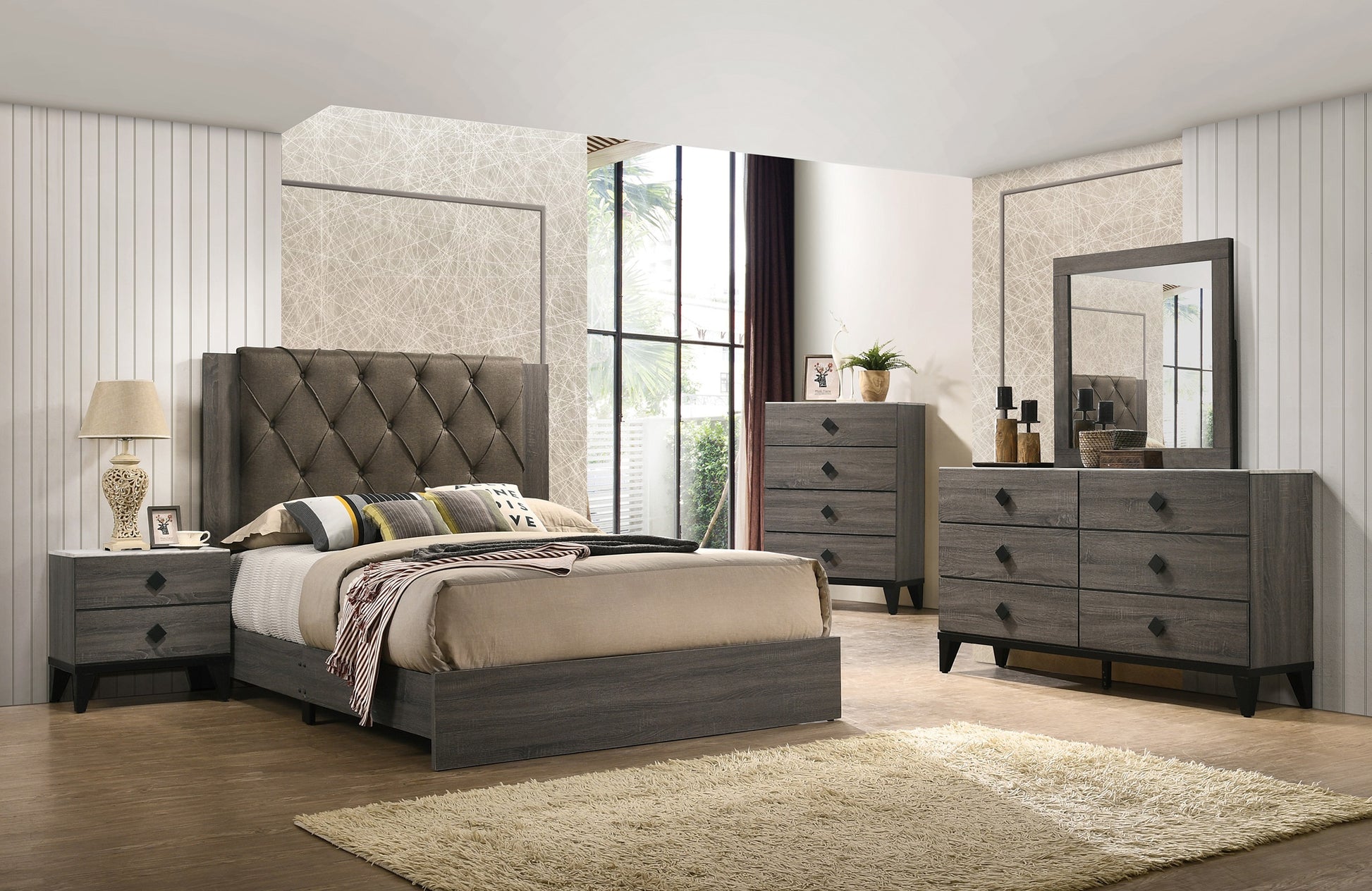 Tufted grey upholstered headboard on a modern dark wood bed frame