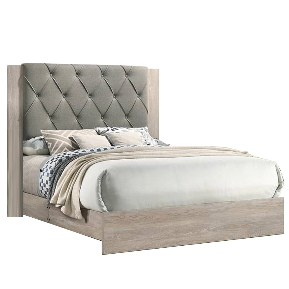 Tufted grey fabric headboard with light wood frame bed