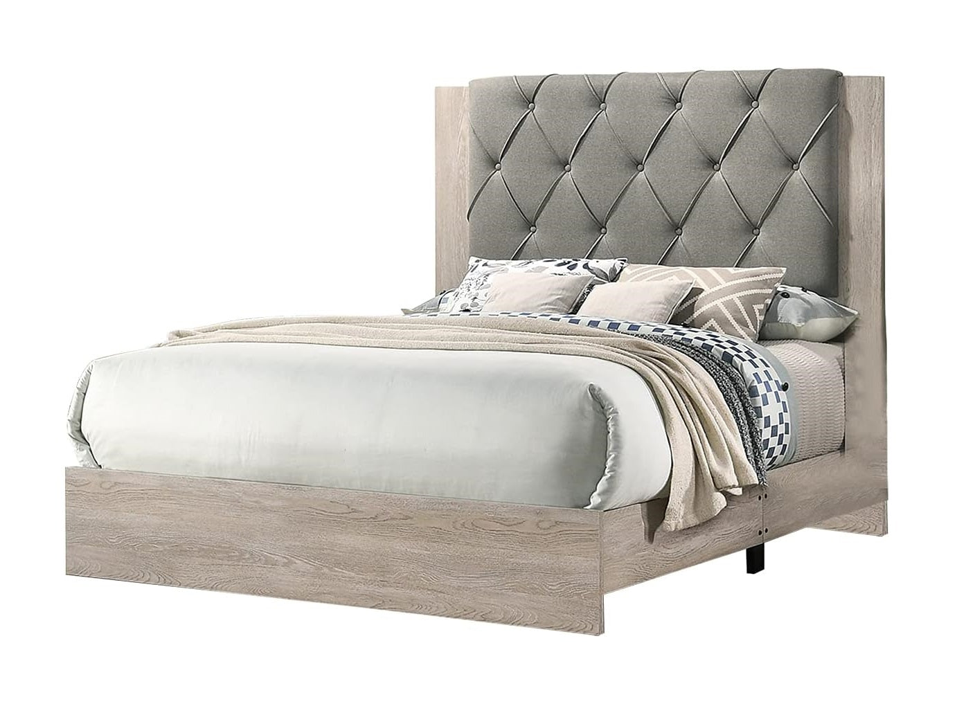 Grey tufted upholstered queen bed with light wood frame