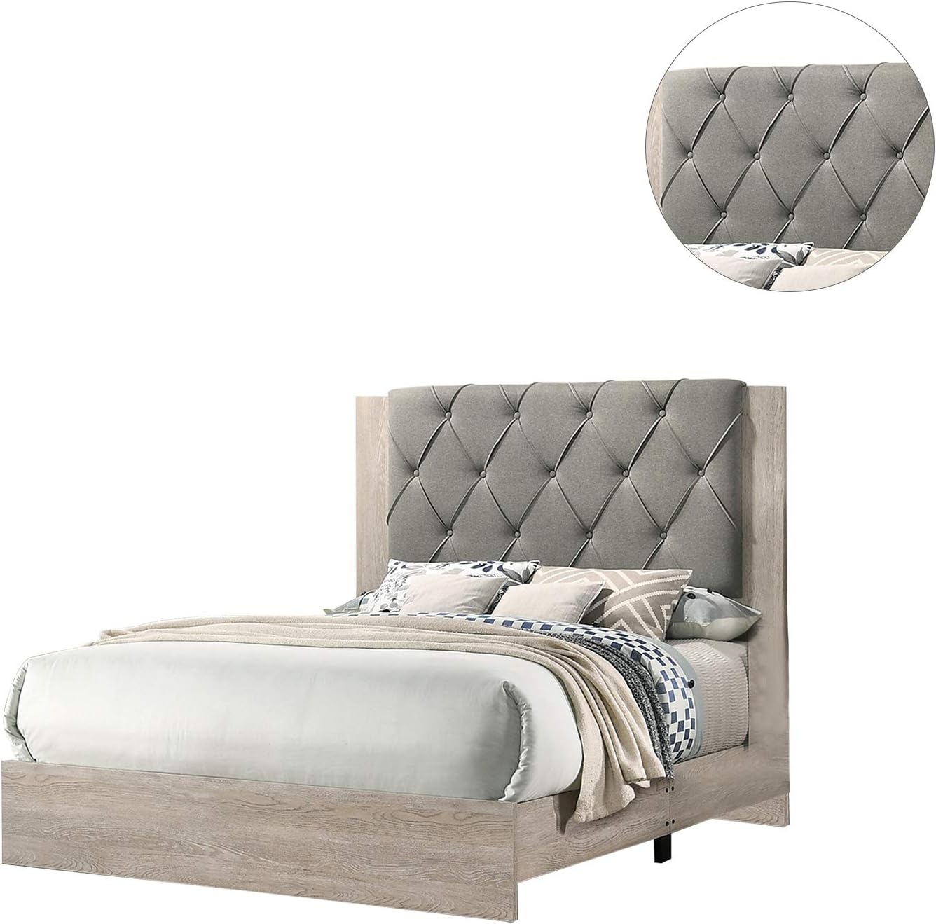 Grey fabric upholstered tufted headboard bed with light wood frame