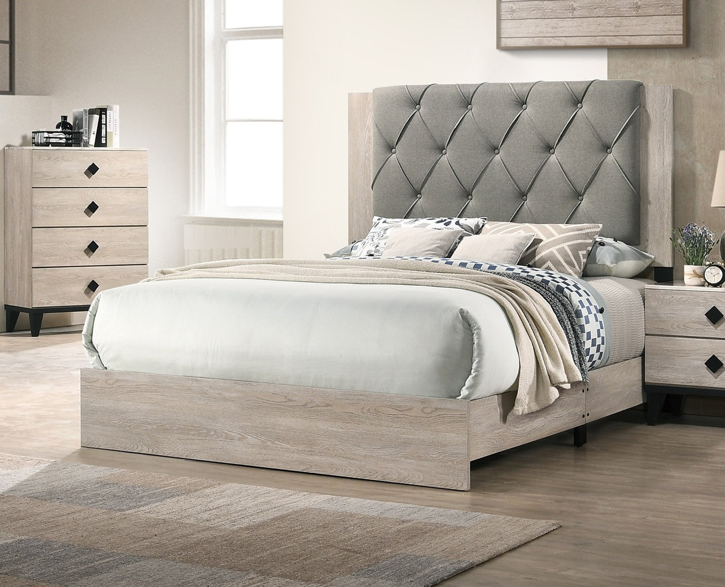 Tufted grey fabric headboard with distressed wood frame