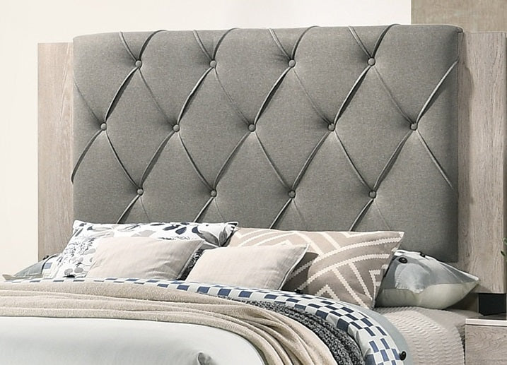 Tufted grey fabric headboard with diamond tufting and wood accents