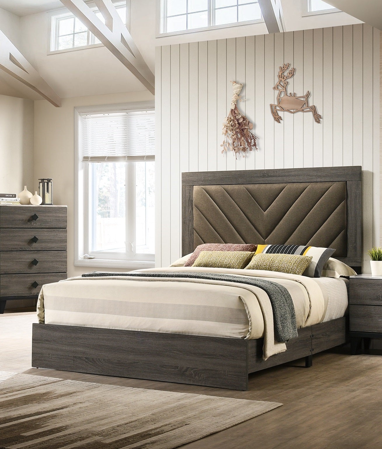TREATLIFE HOME Contemporary Size Bed Frame with V-Shaped Fabric Design Headboard, Modern Rustic Gray Finish, Rubberwood Construction