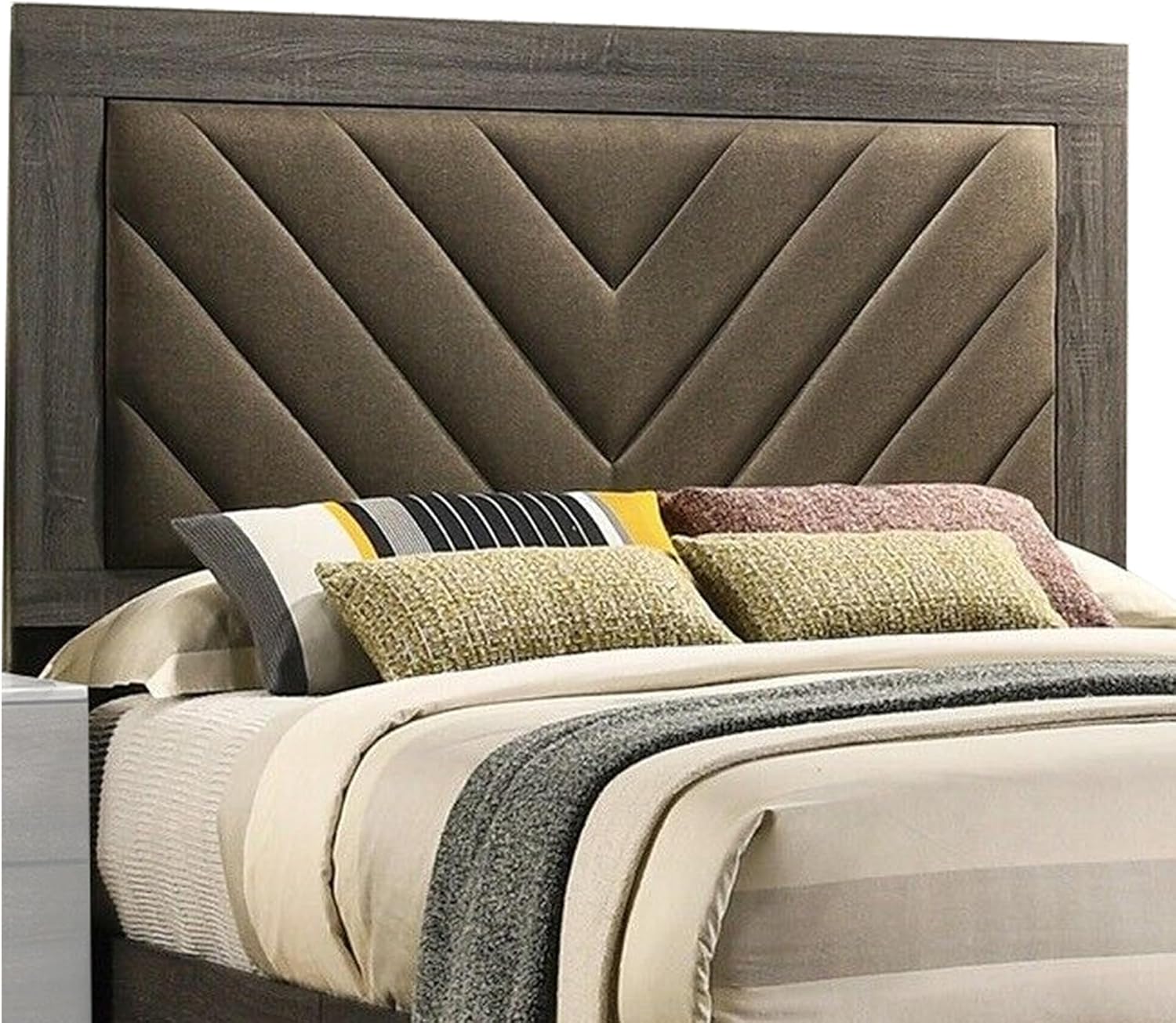 Dark gray wooden frame with upholstered chevron headboard