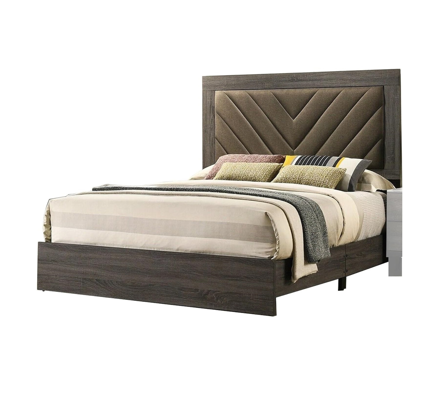 Grey modern bed frame with upholstered chevron headboard and striped bedding
