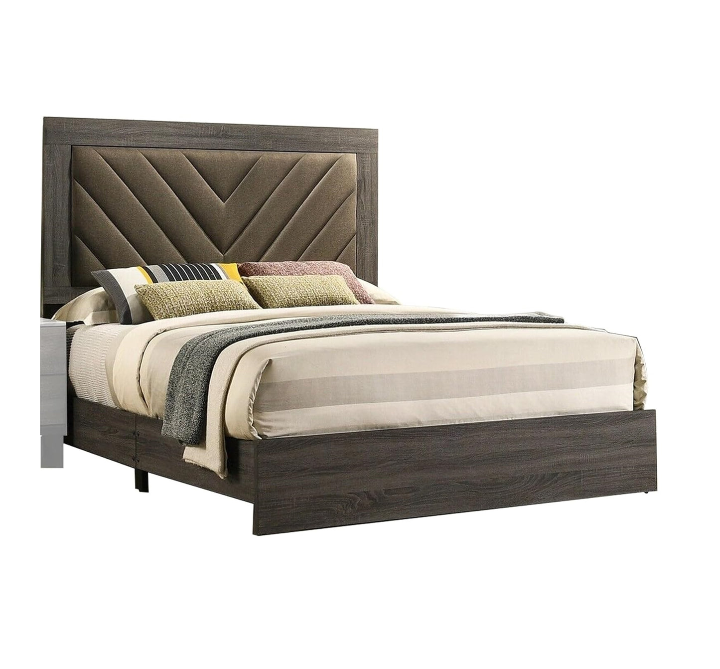 Dark wood platform bed with chevronpatterned upholstered headboard