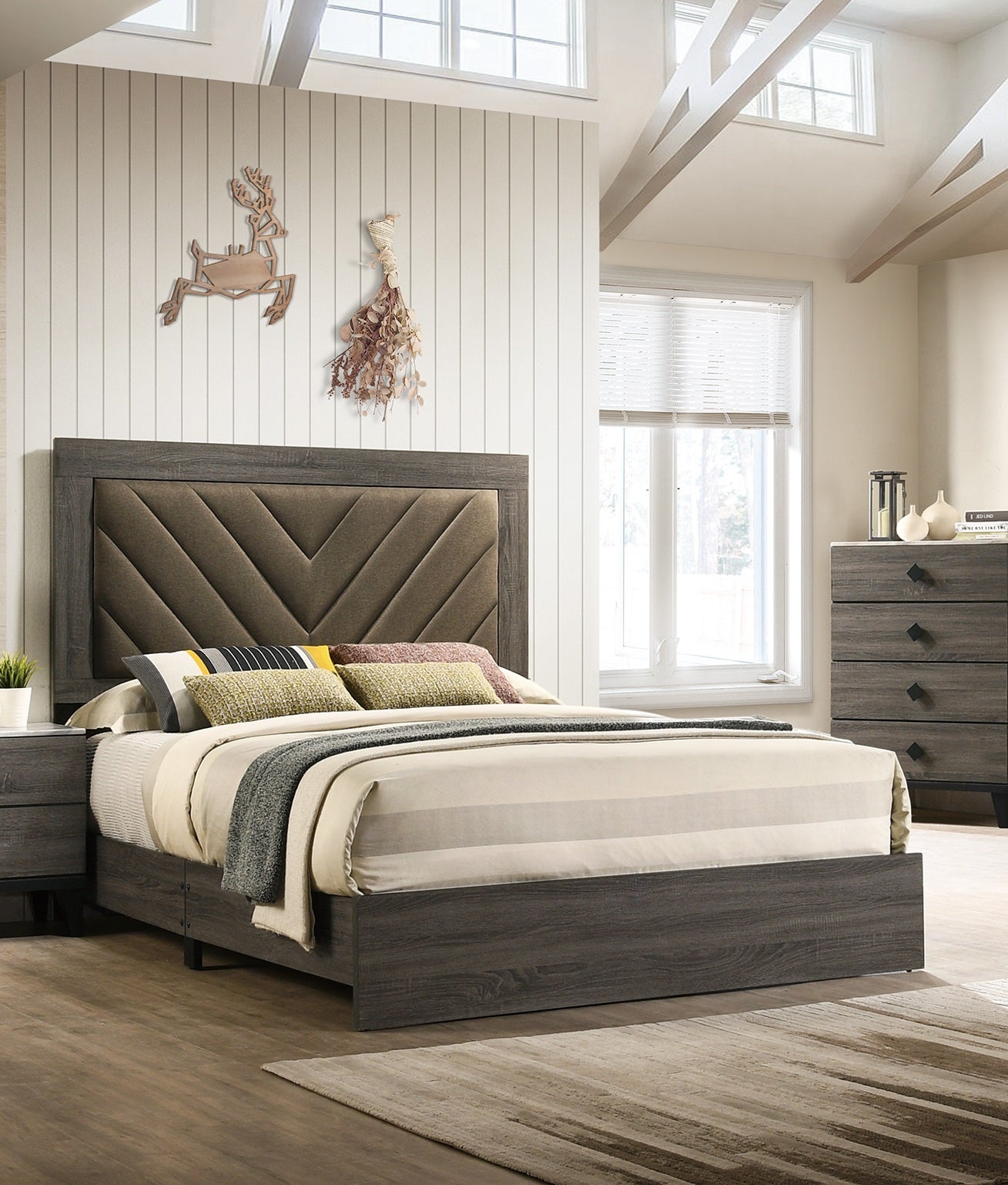 Modern grey wood king bed frame with chevron upholstered headboard