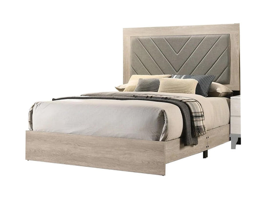 Modern grey upholstered headboard queen bed with light wood frame
