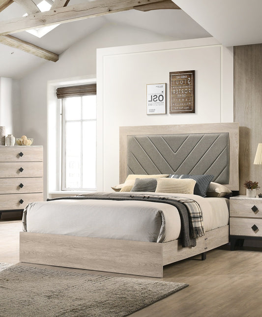 Modern queen bed frame with gray chevron upholstered headboard and light oak finish