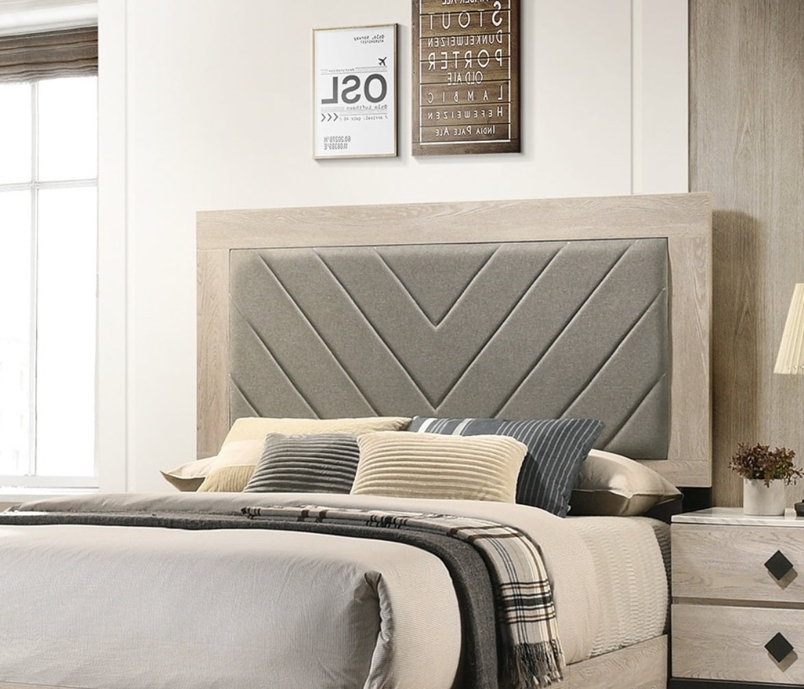 Modern chevron upholstered headboard with light oak frame
