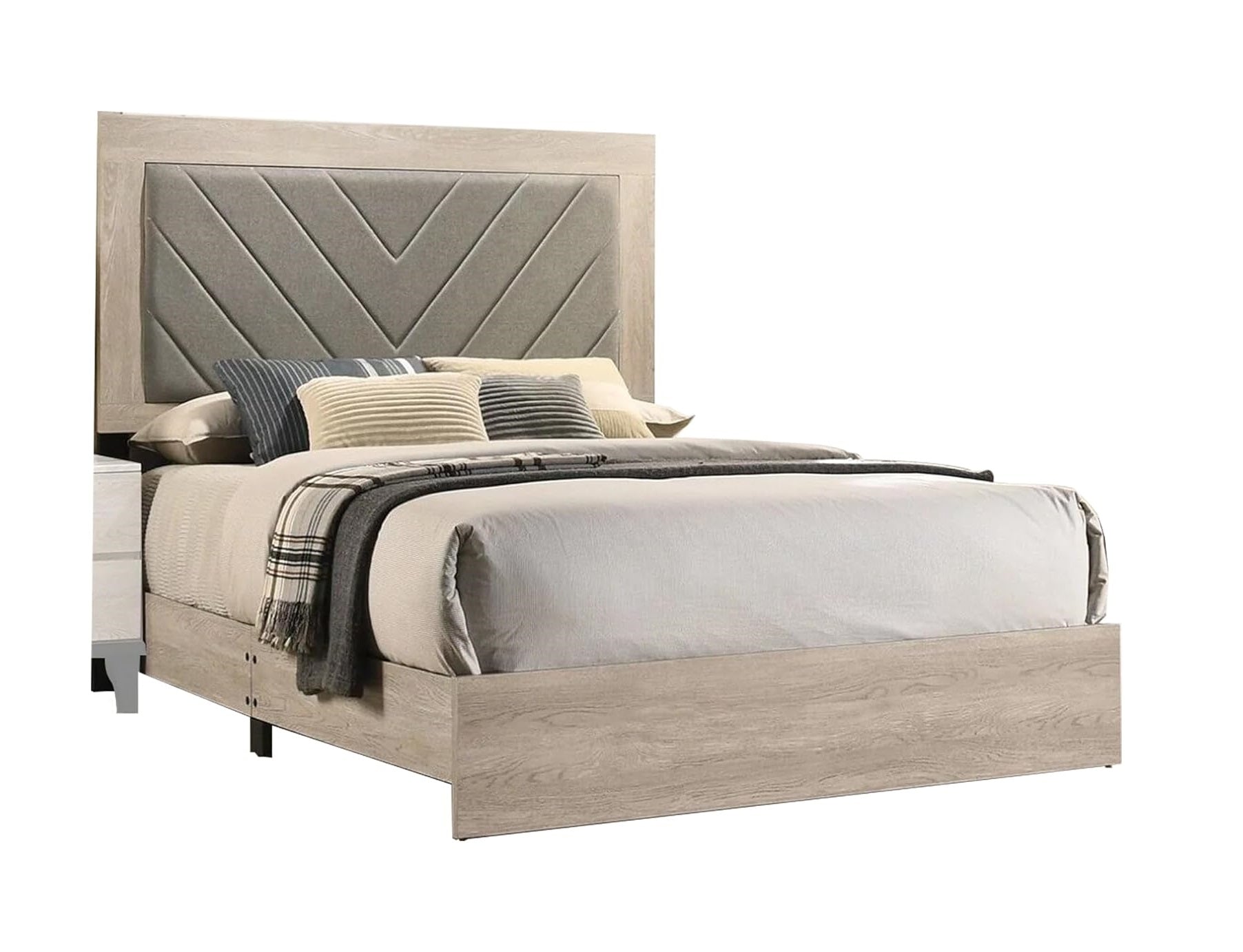 Gray upholstered headboard bed with wooden frame
