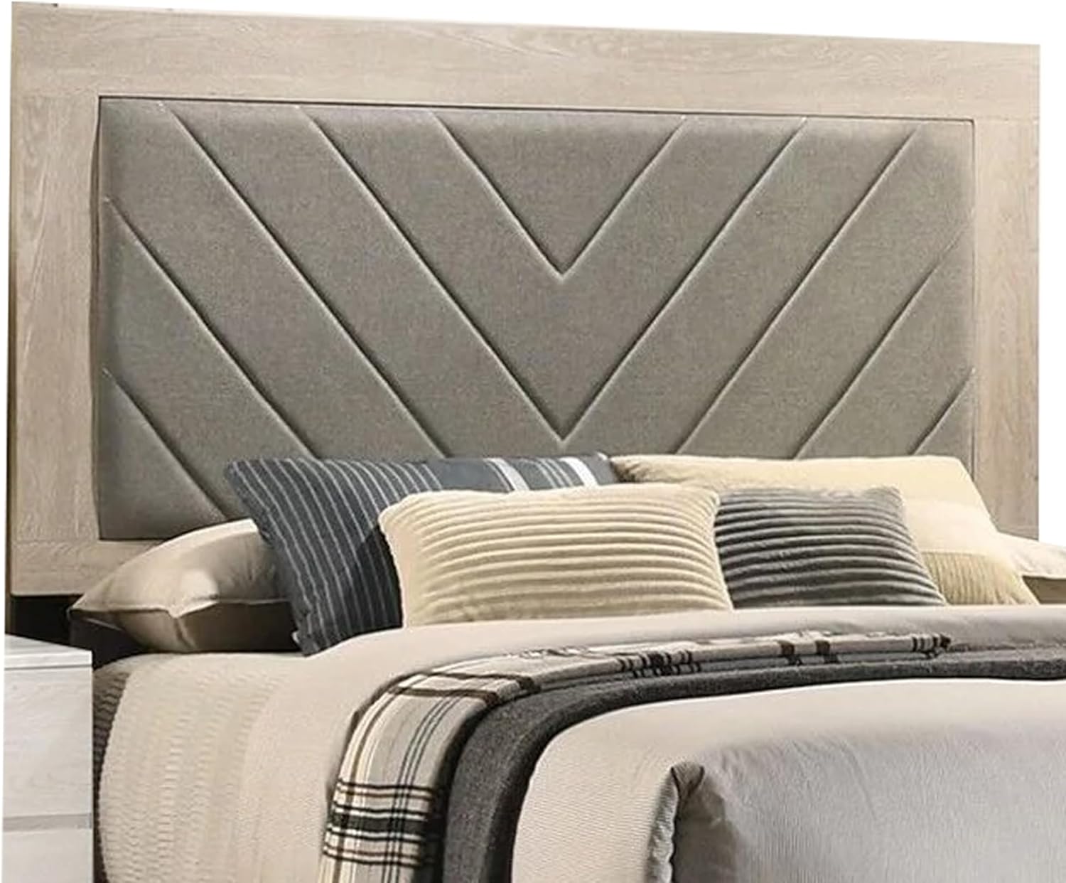 Chevron upholstered grey headboard with natural wood frame