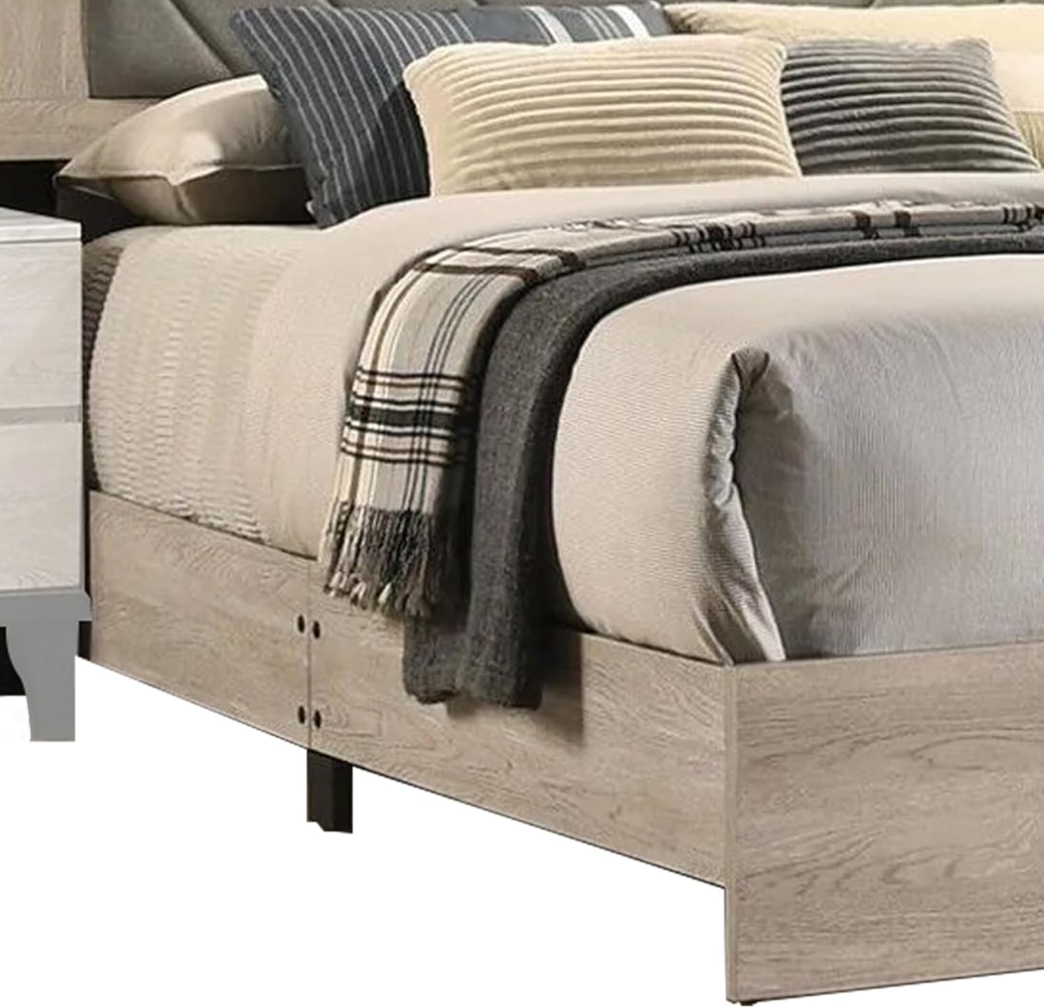 Natural wood finish platform bed frame with upholstered headboard