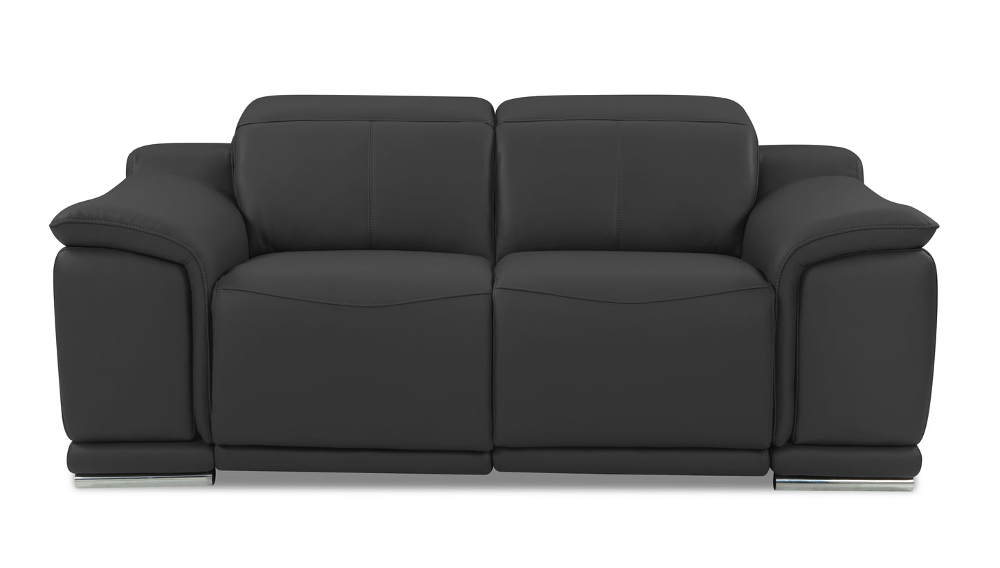 Sleek black leather loveseat with modern chrome legs ideal for contemporary living rooms