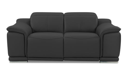 Sleek black leather loveseat with modern chrome legs ideal for contemporary living rooms