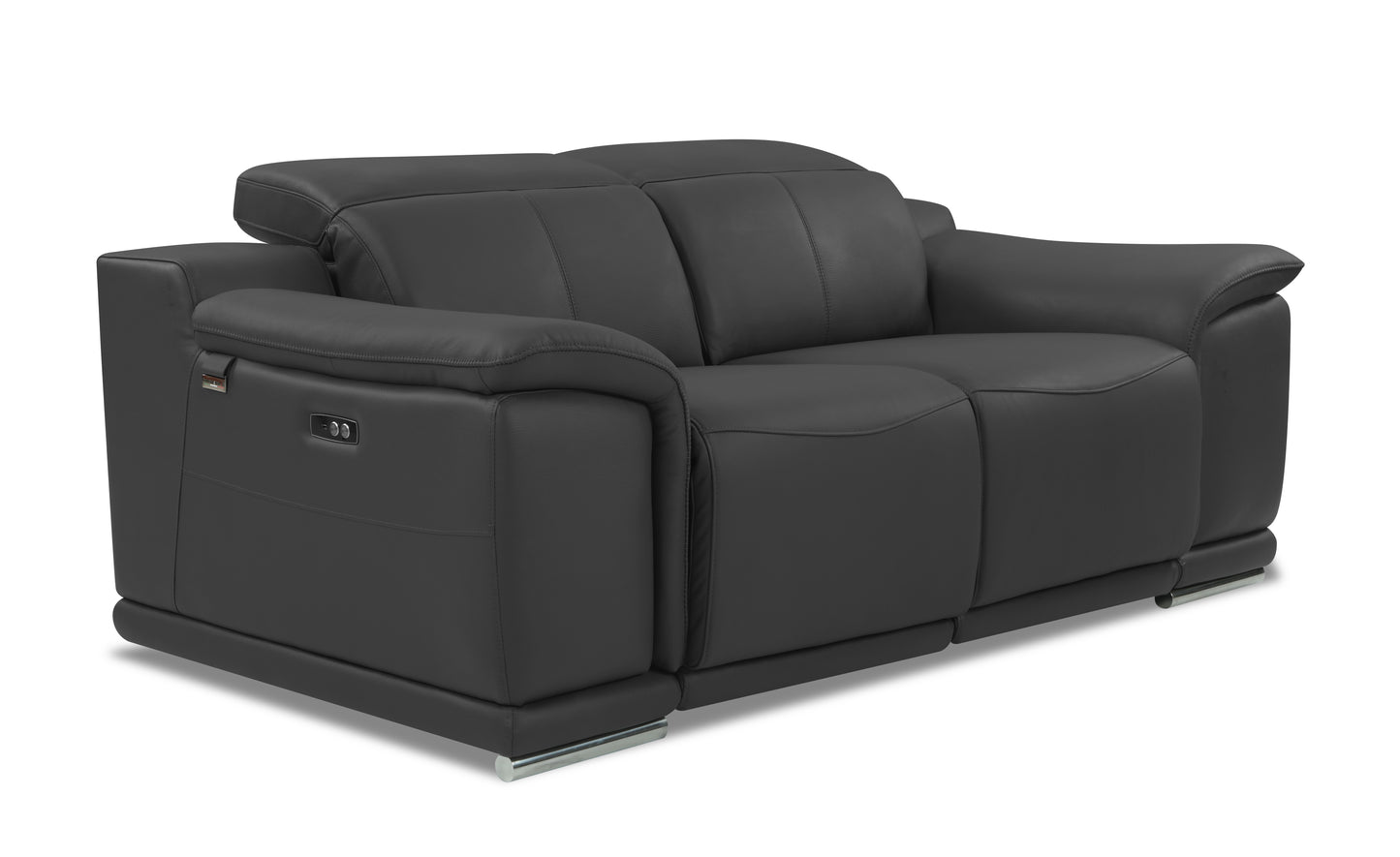 Charcoal grey leather recliner loveseat with polished chrome legs and adjustable headrests