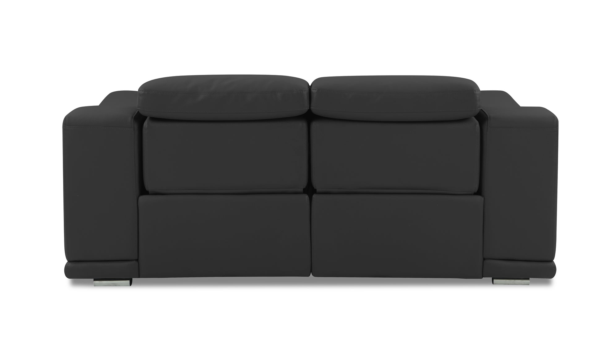 Modern dark grey leather loveseat with tufted back cushions and chrome legs