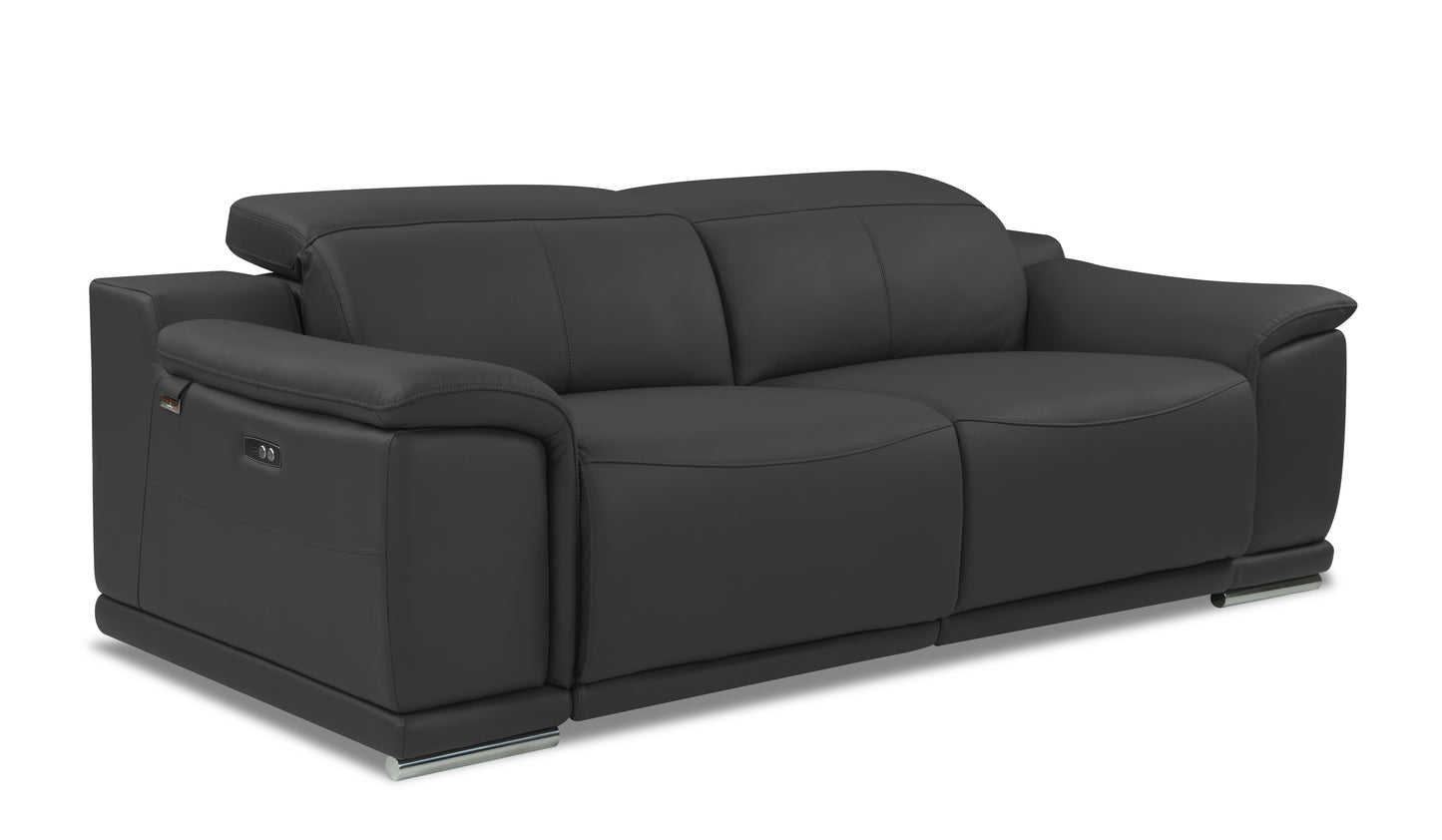 Sleek black leather recliner sofa with adjustable headrests and chrome legs