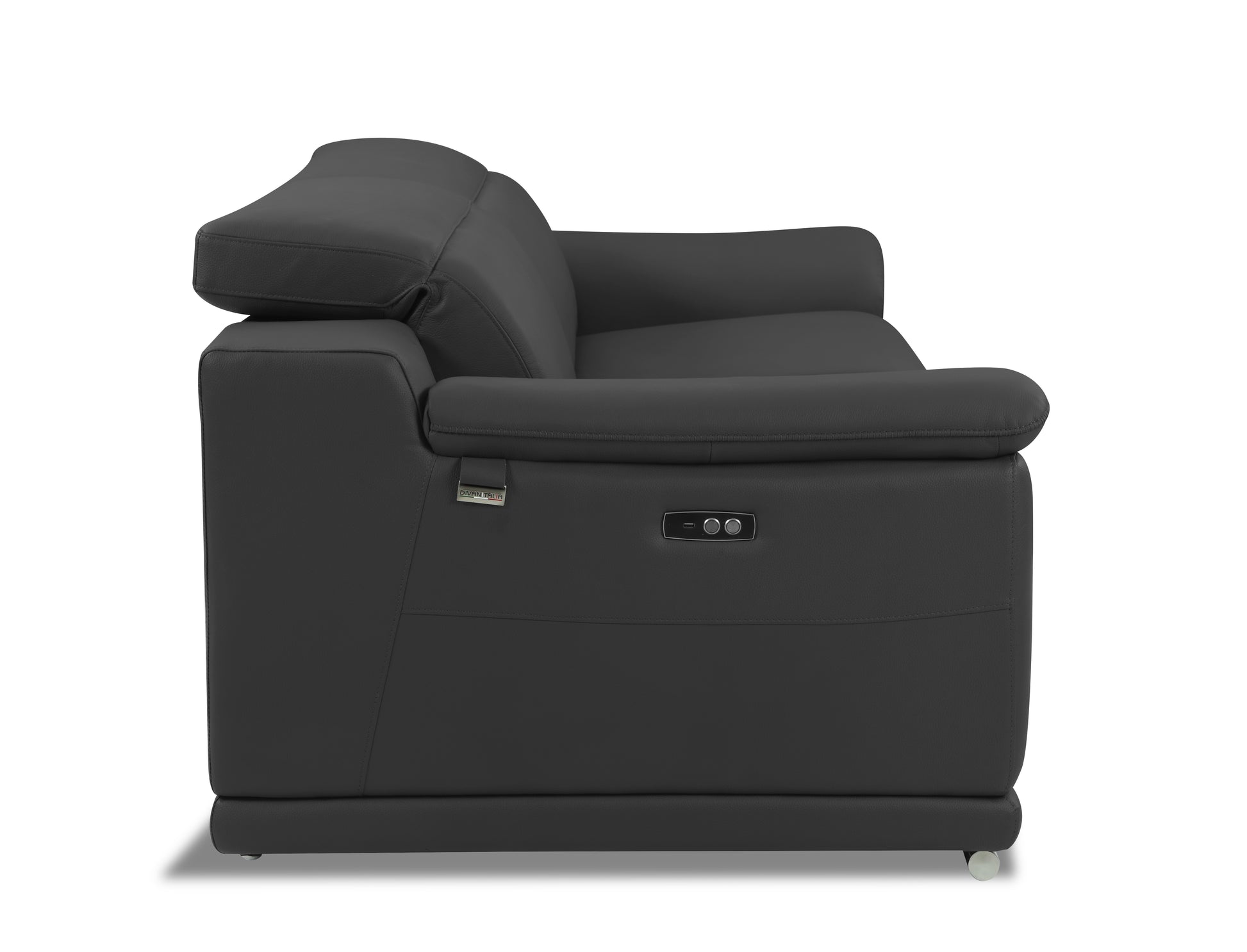 Dark grey power reclining leather armchair with adjustable headrest
