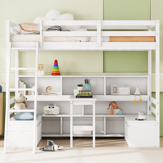 White wooden loft bed with integrated desk and shelving for kids
