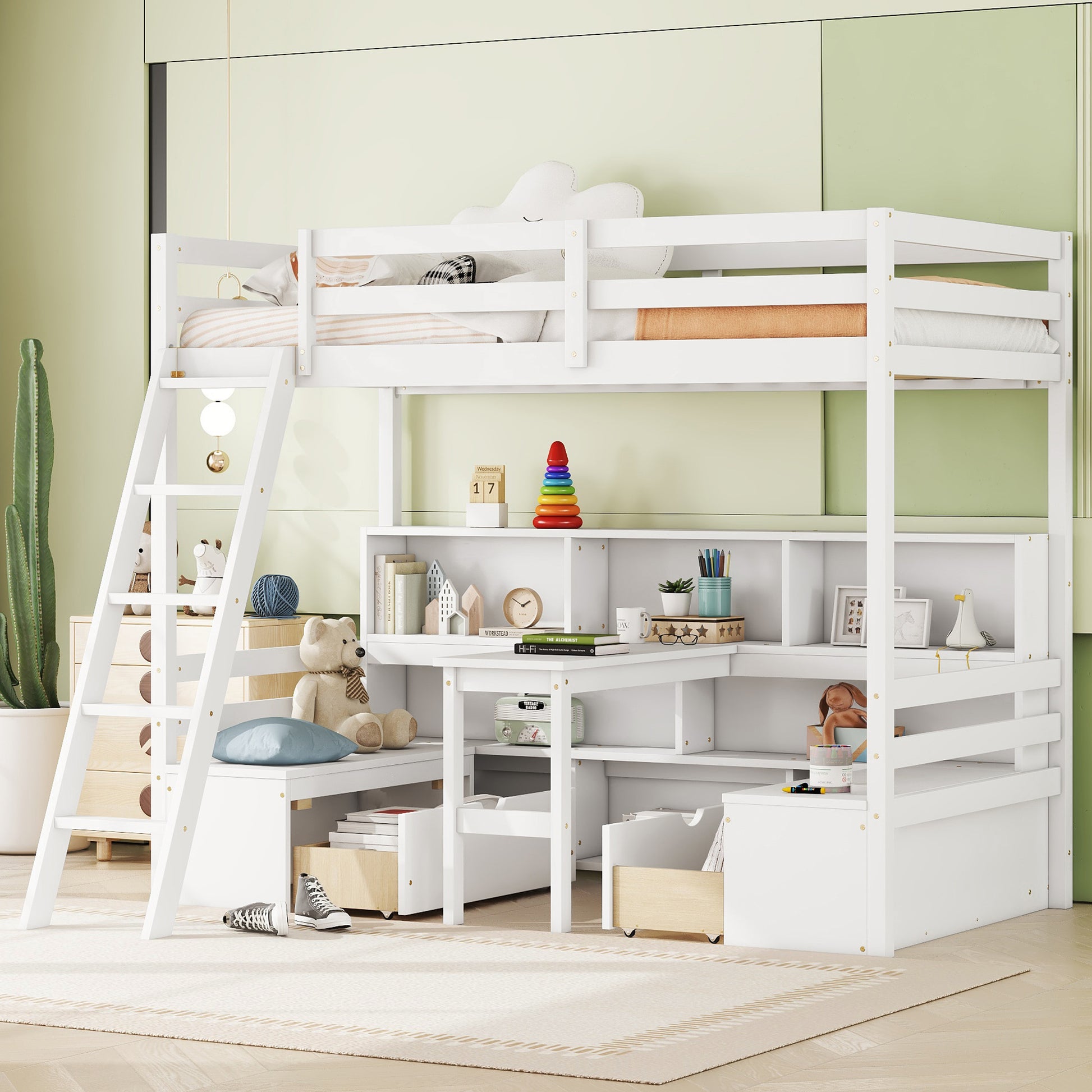 White wooden loft bed with integrated desk and storage shelves