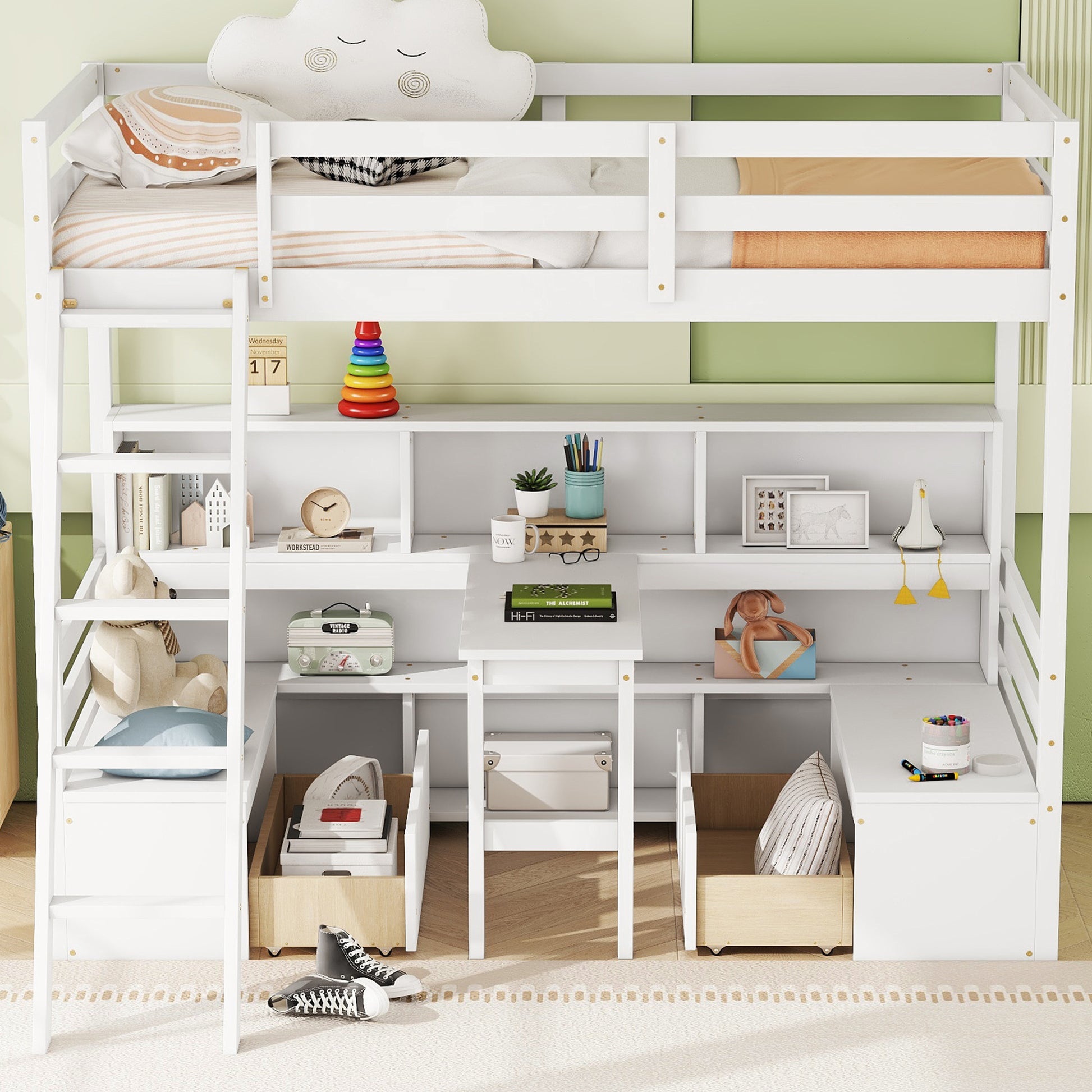 White wooden loft bed with integrated desk and shelves for kids