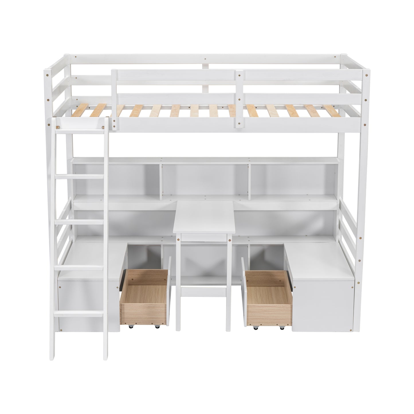 White wooden loft bed with integrated desk and drawers