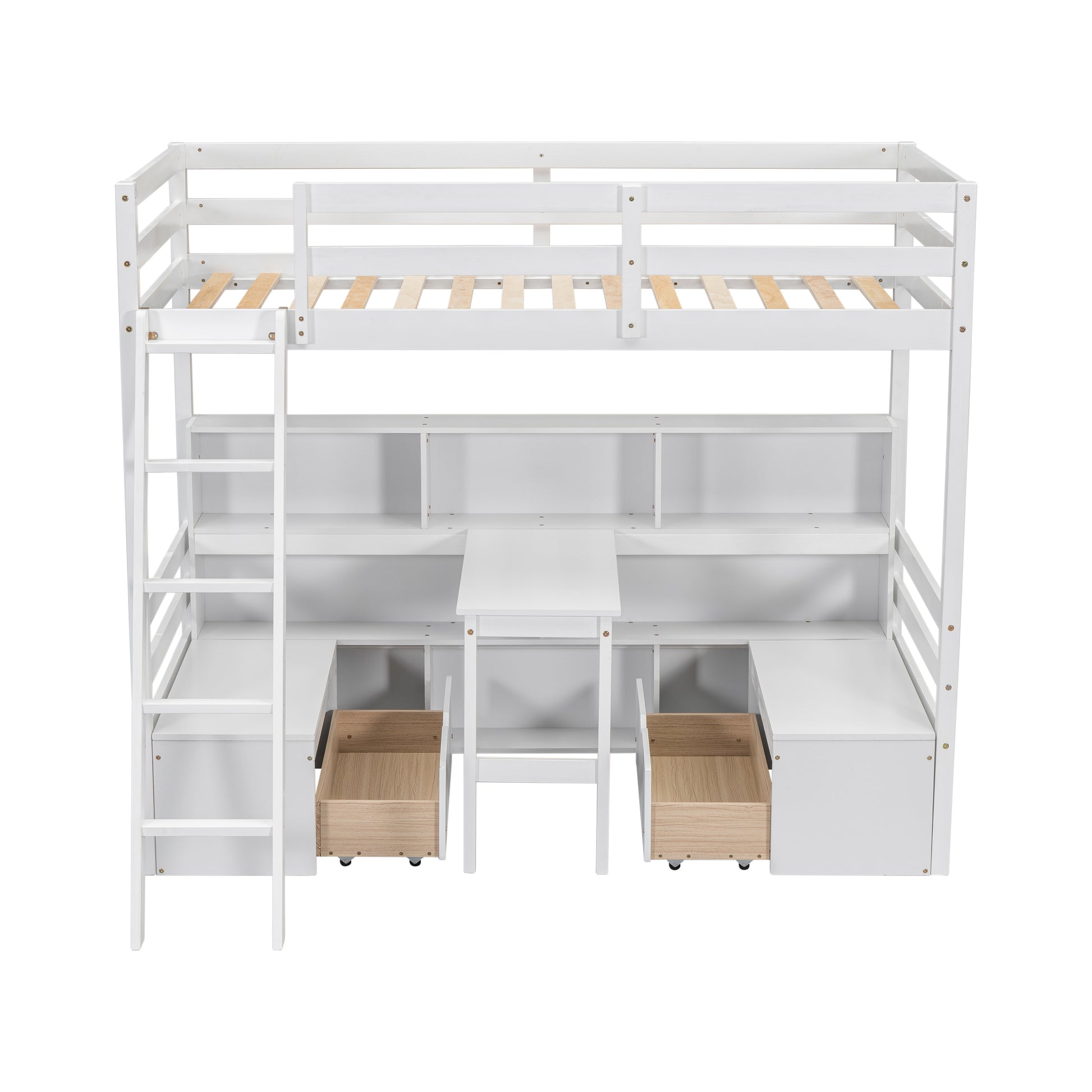 White wooden loft bed with integrated desk and drawers