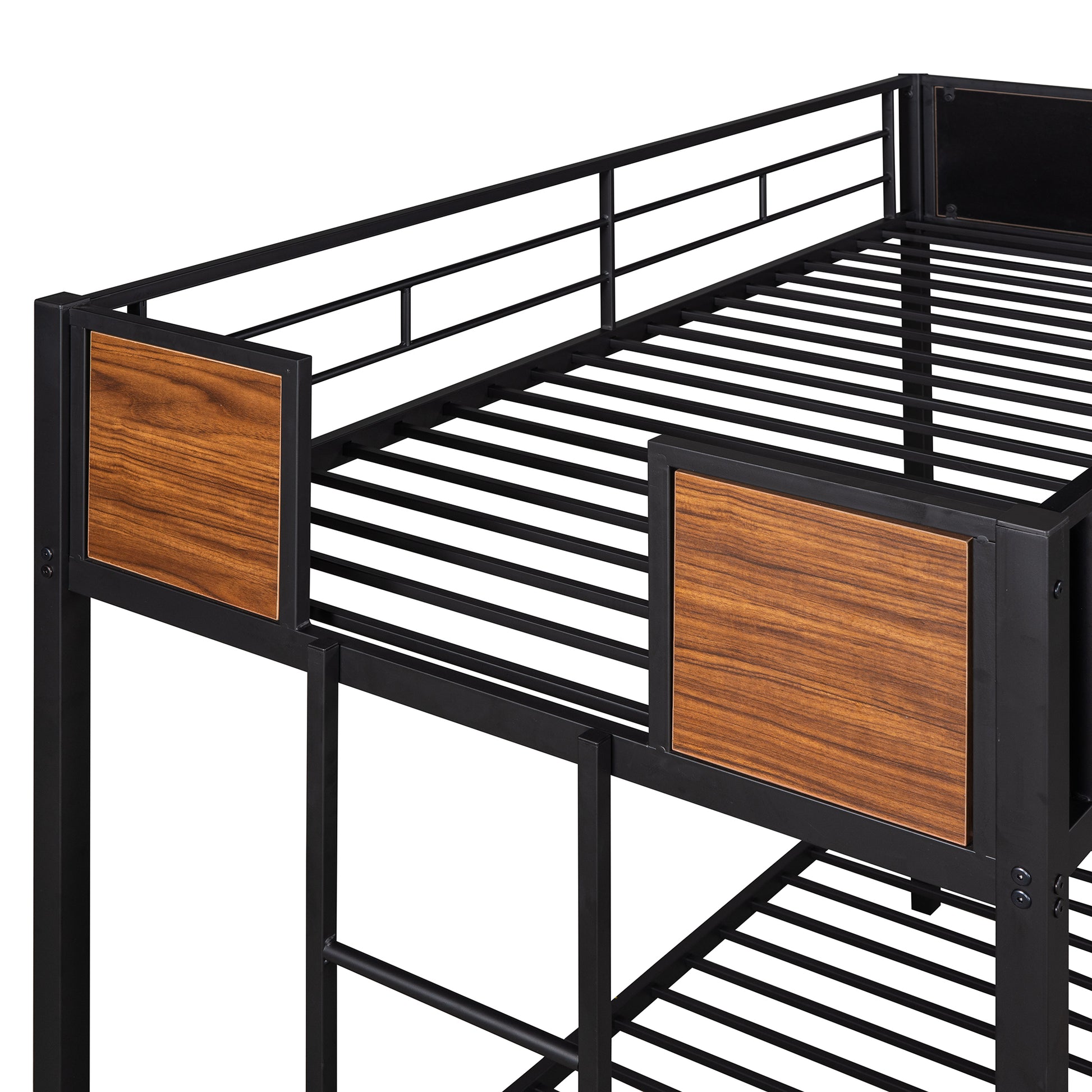 Black metal loft bed frame with woodgrain accents