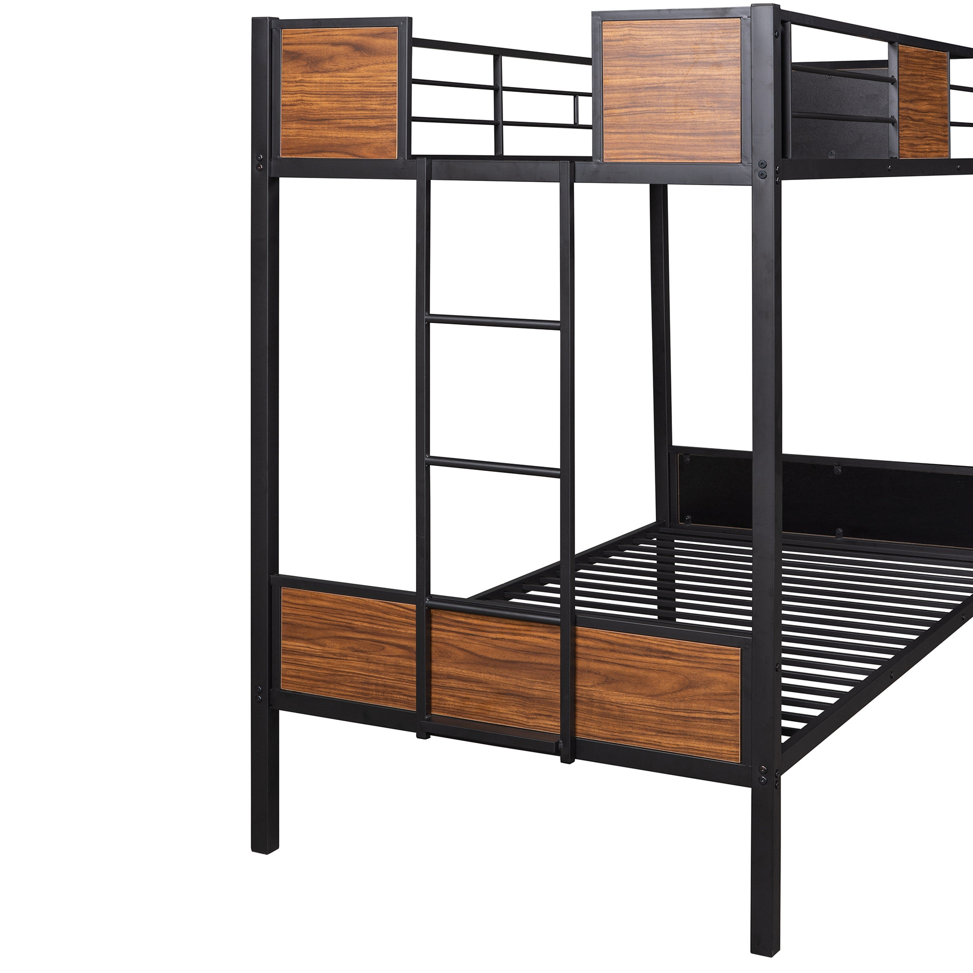 Black metal bunk bed frame with faux wood accents