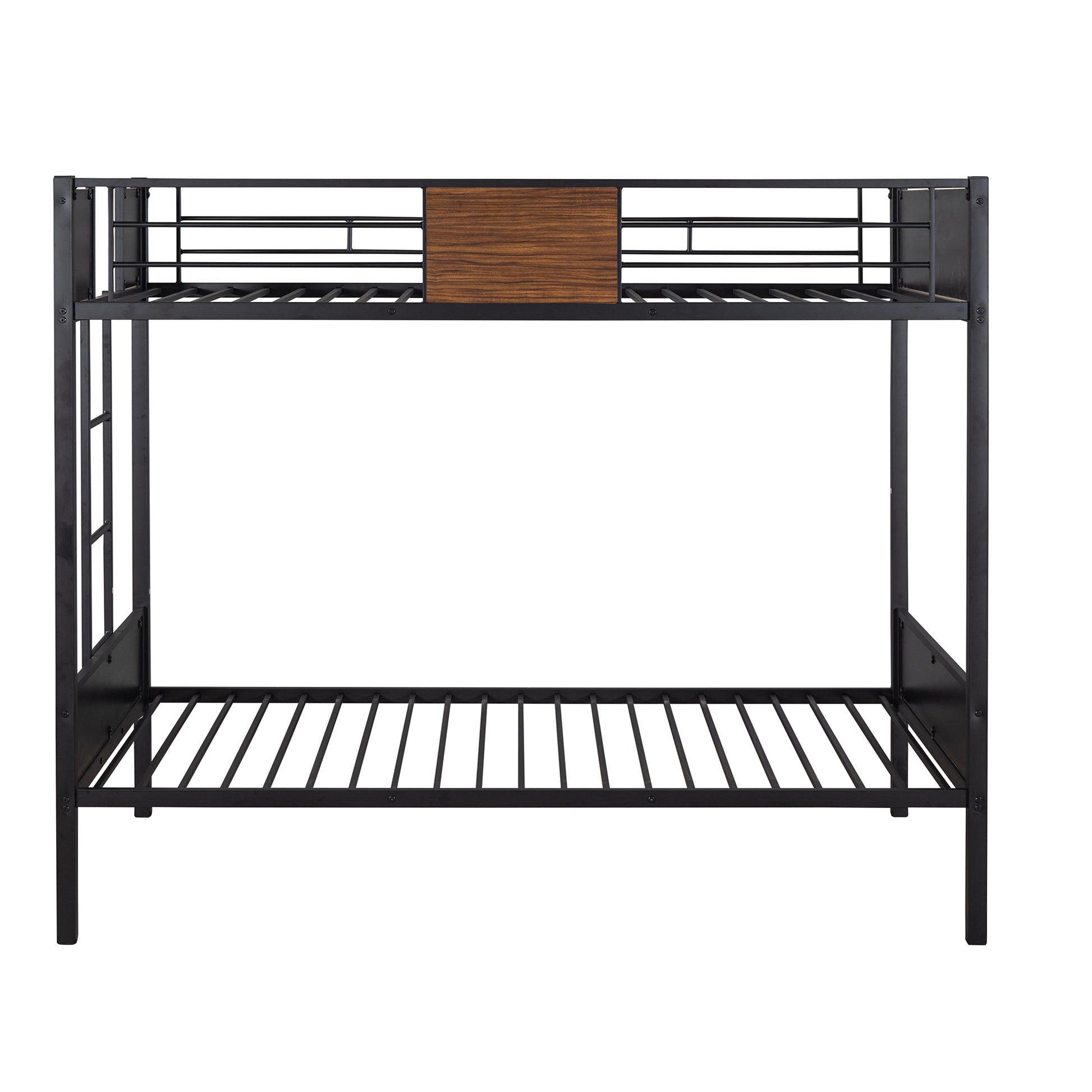 Black metal bunk bed with wooden accent panel