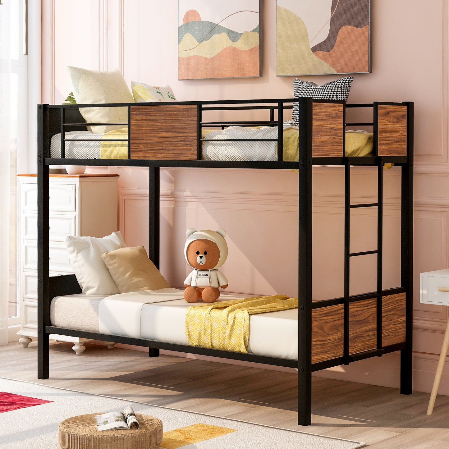 Black metal twin over twin bunk bed with wood panel accents