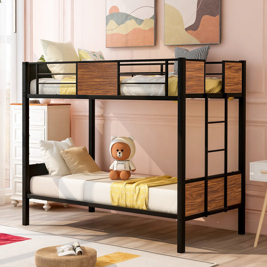 Black metal twin over twin bunk bed with wood panel accents