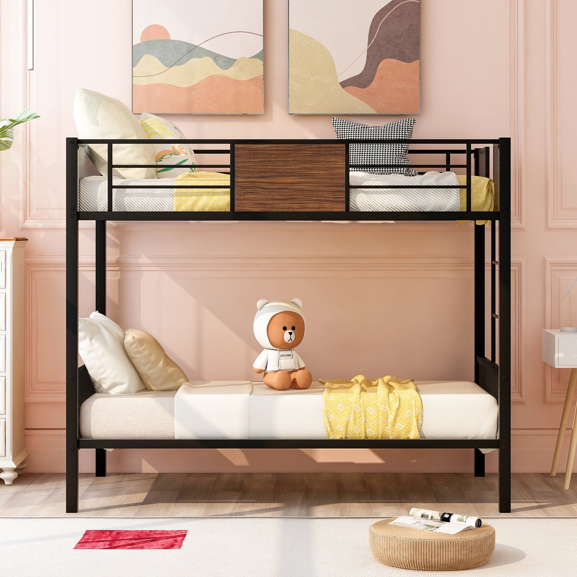 Black metal twin over twin bunk bed with wood accent