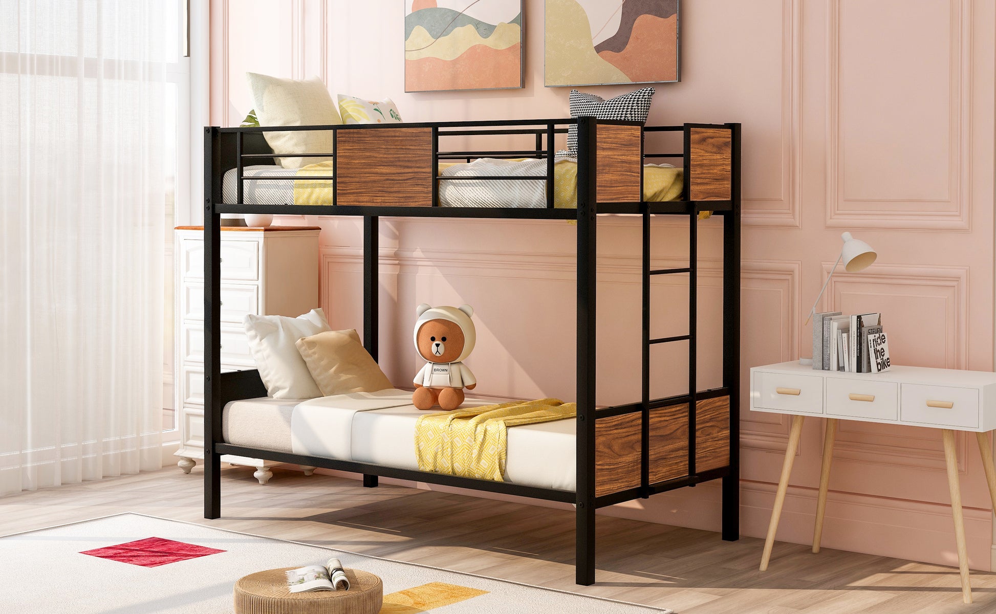 Black metal bunk bed with wood accents