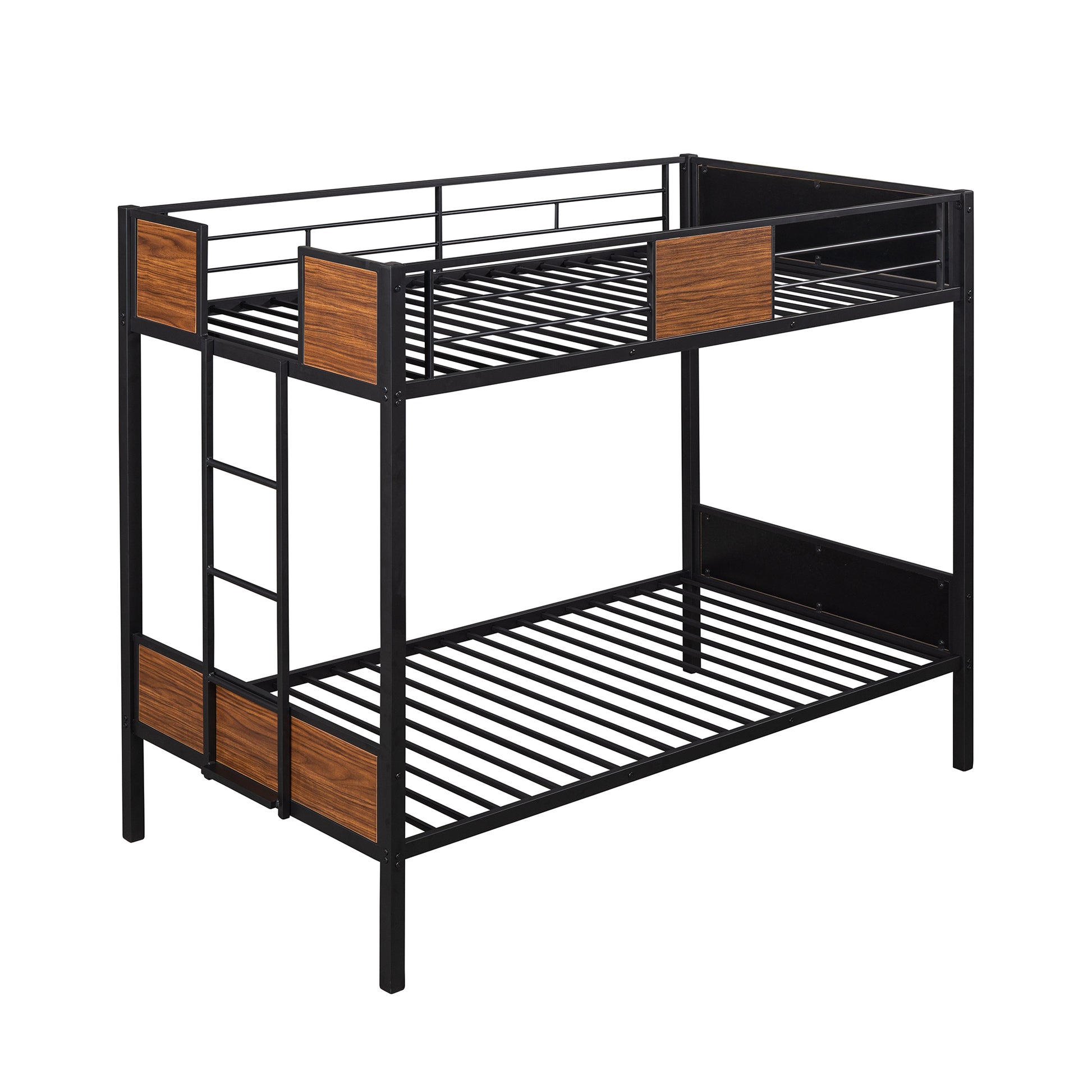 Black metal bunk bed with woodeffect panels and ladder