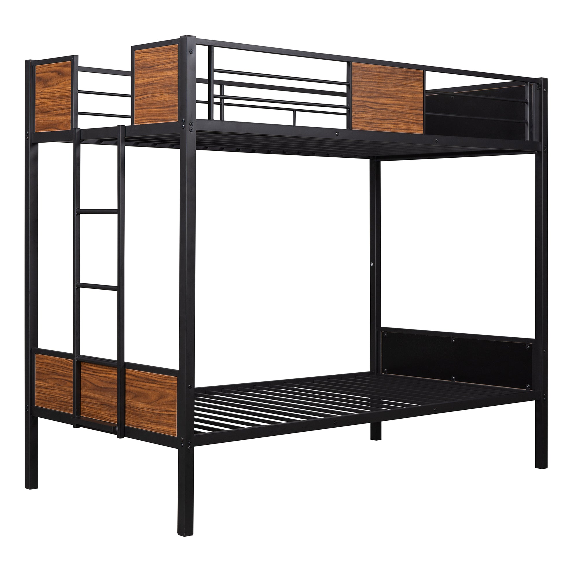 Black metal and wood bunk bed with ladder