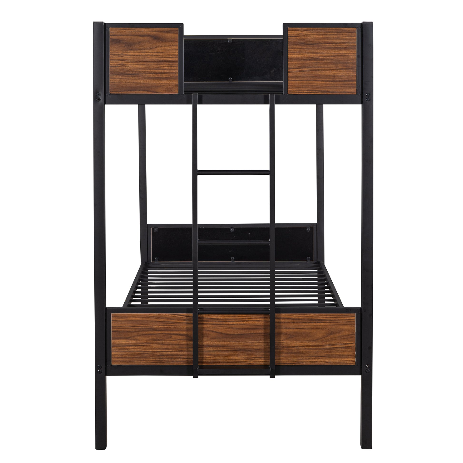 Black metal bunk bed with woodlook accents