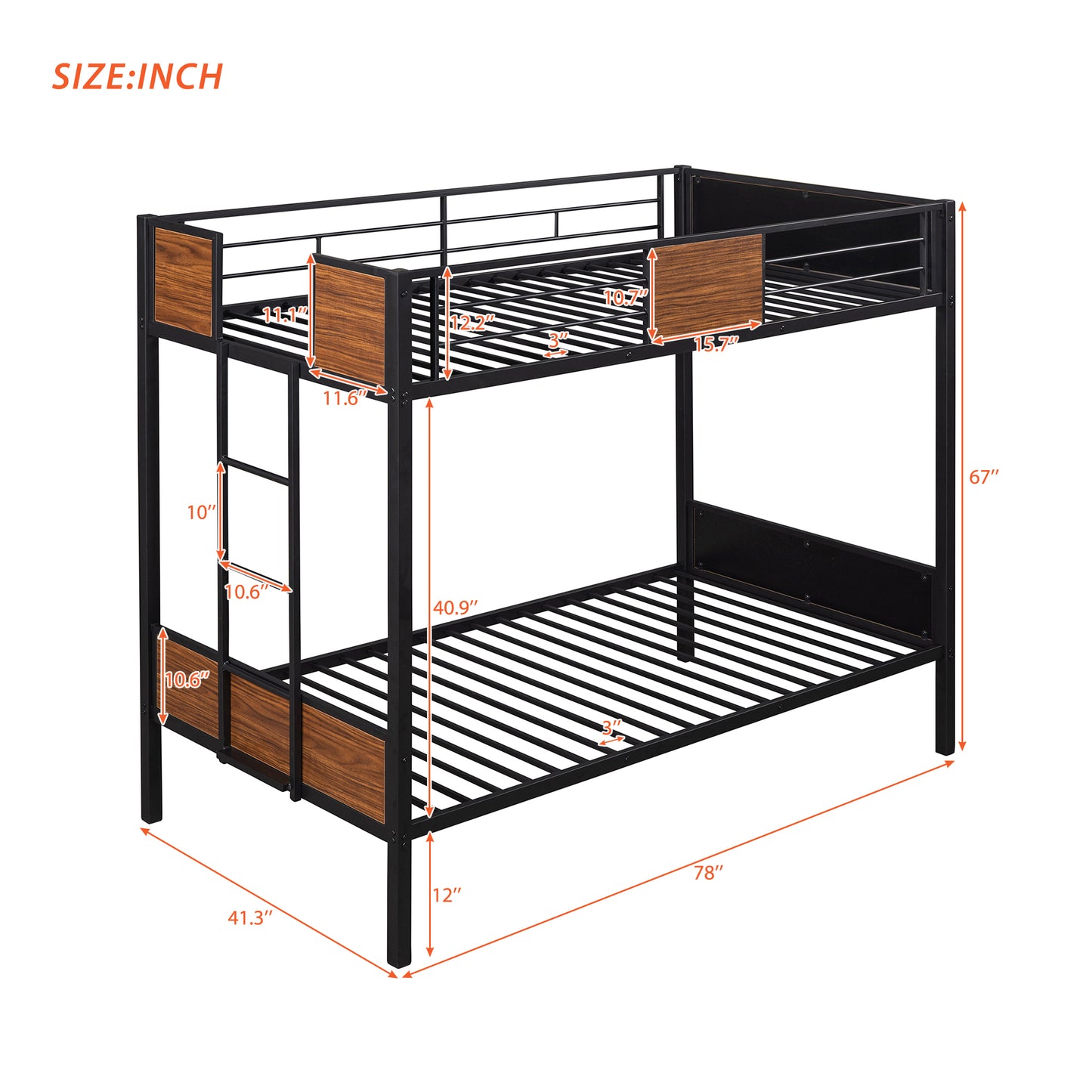 Black metal twin bunk bed with woodgrain accents
